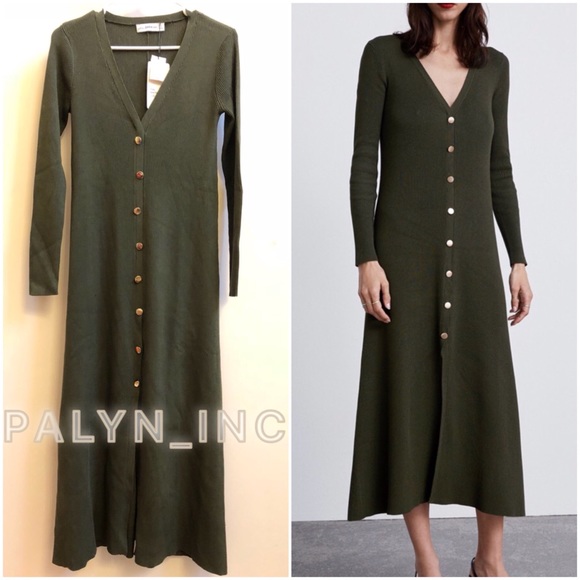 NWT ZARA KHAKI RIBBED KNIT MIDI DRESS WITH BUTTONS - Picture 4 of 8